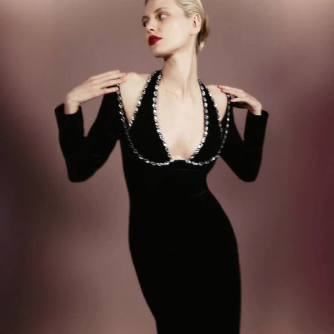 V-Neck Rhinestone Bandage Long Sleeve Fall Prom Dress