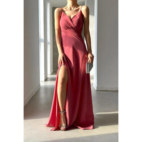 Robe de soirée longue simple et sexy à bretelles et col en V avec fente 