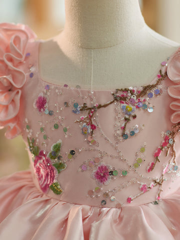 Floral Embroidery Sequins Tulle Knee-length Pink Baby Girl Dress