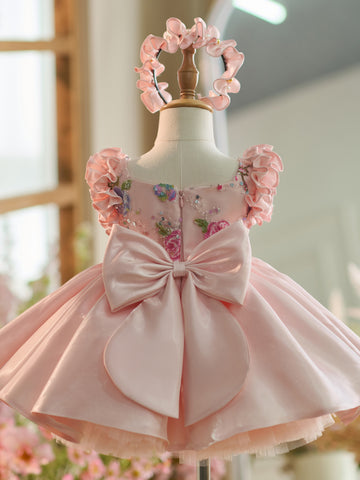 Floral Embroidery Sequins Tulle Knee-length Pink Baby Girl Dress