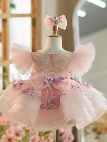 Floral Embroidery Puffy Sleeves Tulle Knee-length Baby Girl Dress