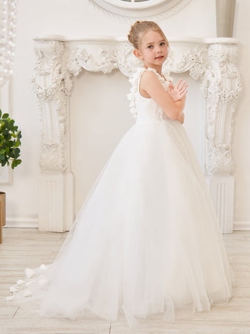 Elegant White Tulle Flower Girl Dress with Sweep Train