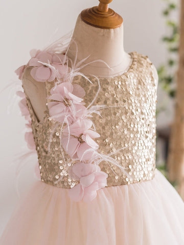 A-line Tulle Tea-length Pearl Pink Dress (010226992)