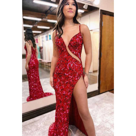 Vestido de fiesta largo con escote en V, aberturas, lentejuelas y apliques