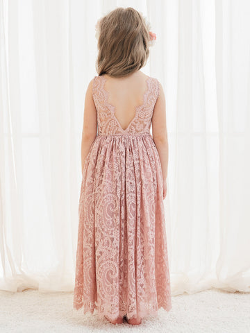 A-line Lace Ankle-length Ivory Boho Flower Girl Dress