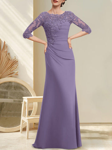 A-line Scoop Floor-Length Chiffon Lace Mother of the Bride Dress With Beading Pleated Sequins