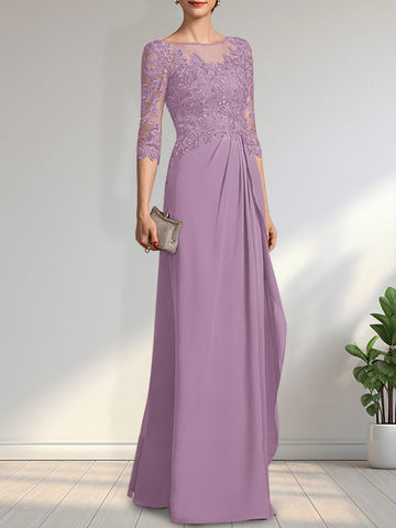 A-line Scoop Illusion Floor-Length Chiffon Lace Mother of the Bride Dress With Beading Sequins Cascading Ruffles