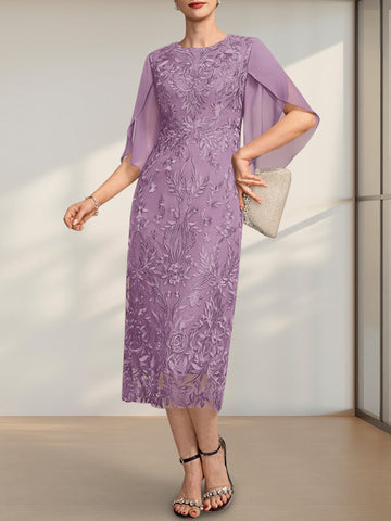 Sheath/Column Scoop Tea-Length Lace Chiffon Mother of the Bride Dress