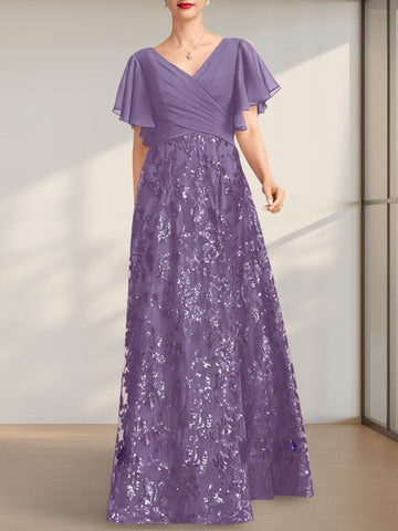 A-line V-Neck Floor-Length Lace Sequin Chiffon Mother of the Bride Dress With Pleated