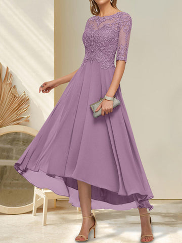 A-line Boat Neck Illusion Asymmetrical Chiffon Lace Mother of the Bride Dress With Sequins Beading
