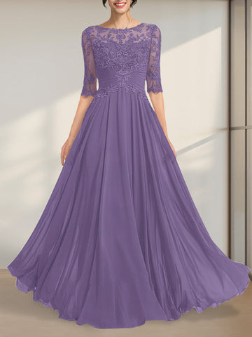 A-line Scoop Illusion Floor-Length Chiffon Lace Mother of the Bride Dress With Pleated Sequins
