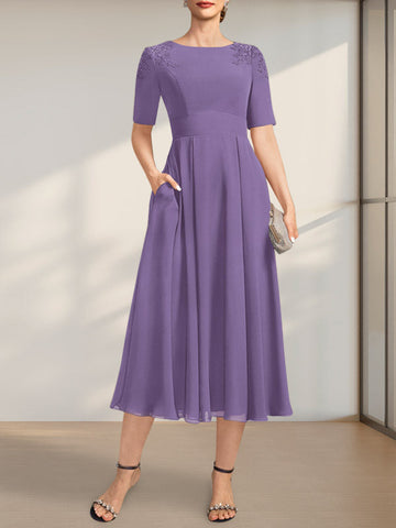 A-line Scoop Tea-Length Chiffon Mother of the Bride Dress With Appliques Lace Sequins