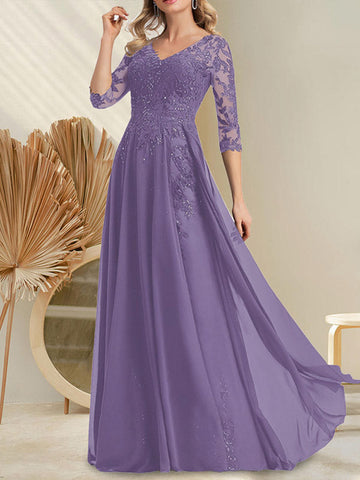 A-line V-Neck Floor-Length Lace Chiffon Mother of the Bride Dress With Sequins