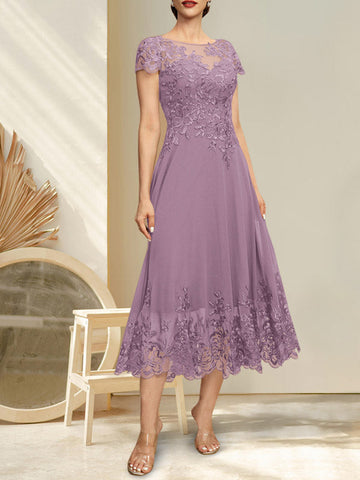 A-line Illusion Scoop Tea-Length Lace Chiffon Mother of the Bride Dress With Sequins