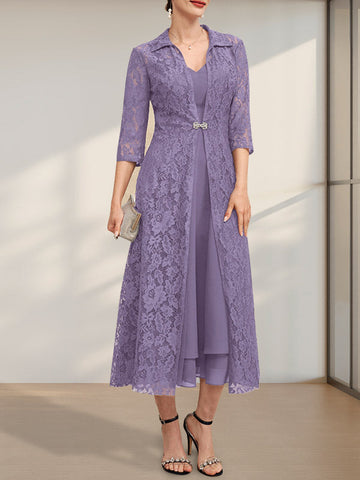 A-line V-Neck Tea-Length Chiffon Mother of the Bride Dress