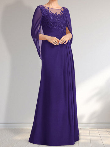 A-line Scoop Illusion Floor-Length Lace Chiffon Mother of the Bride Dress With Pleated Sequins