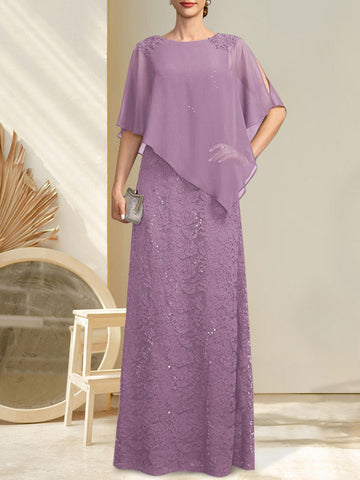 Sheath/Column Scoop Floor-Length Chiffon Lace Mother of the Bride Dress With Sequins Beading