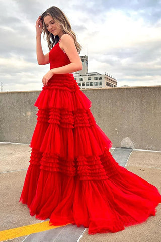 Tulle Tiered Spaghetti Straps Long Prom Dress with Slit