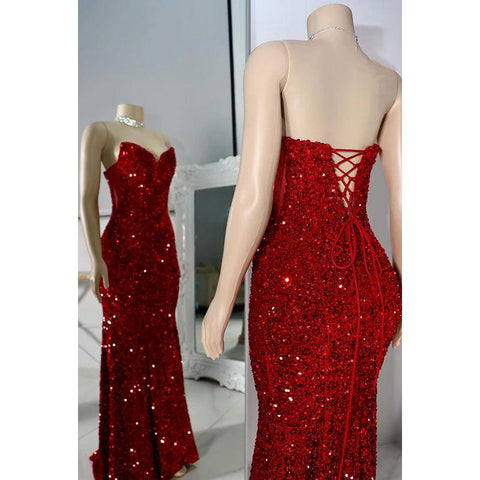 Vestido de noche de sirena con escote en V, sin mangas, con cordones y lentejuelas