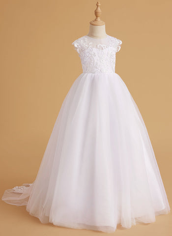 A-line Lace Tulle Sweep Train Pink Flower Girl Dress