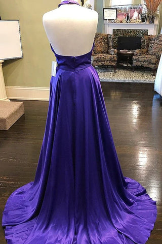 A Line Halter Purple Long Prom Dress with Backless