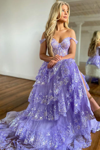 A Line Off the Shoulder Corset Prom Dress with Lace Ruffles