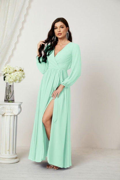 Numbersea Evening Dresses Deep V-Neck Chiffon Bridesmaid Dresses Long Bishop Sleeve Side Split Formal Dress 2806