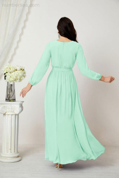 Numbersea Evening Dresses Deep V-Neck Chiffon Bridesmaid Dresses Long Bishop Sleeve Side Split Formal Dress 2806