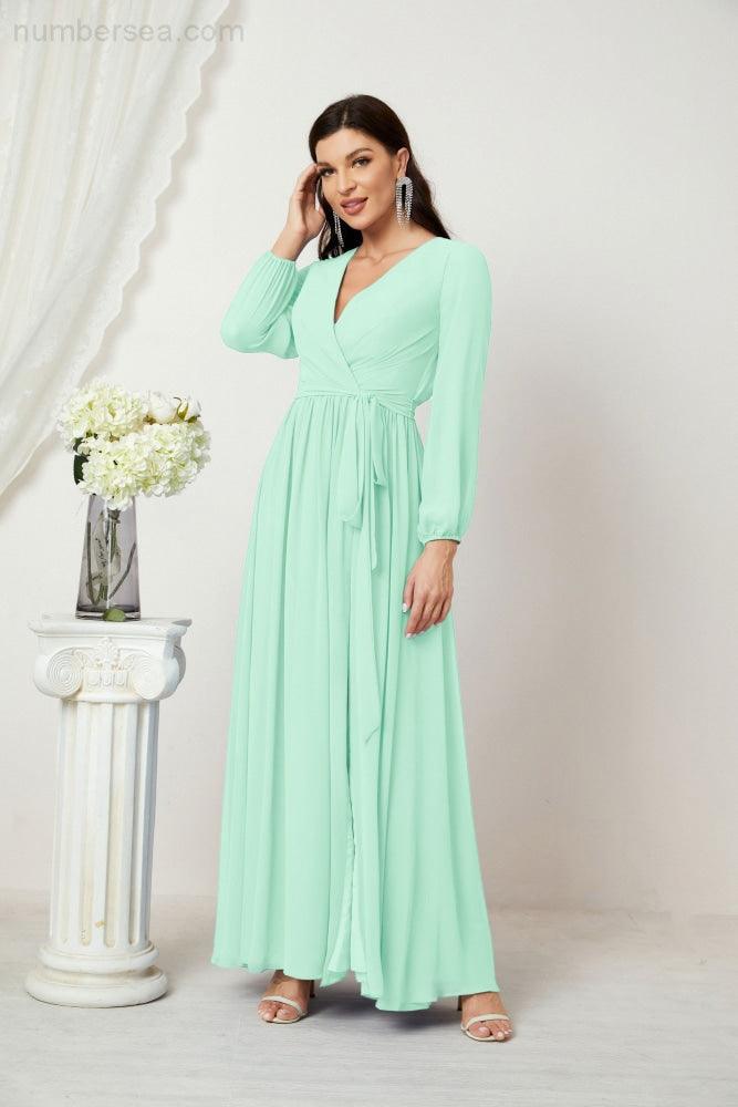 Numbersea Evening Dresses Deep V-Neck Chiffon Bridesmaid Dresses Long Bishop Sleeve Side Split Formal Dress 2806