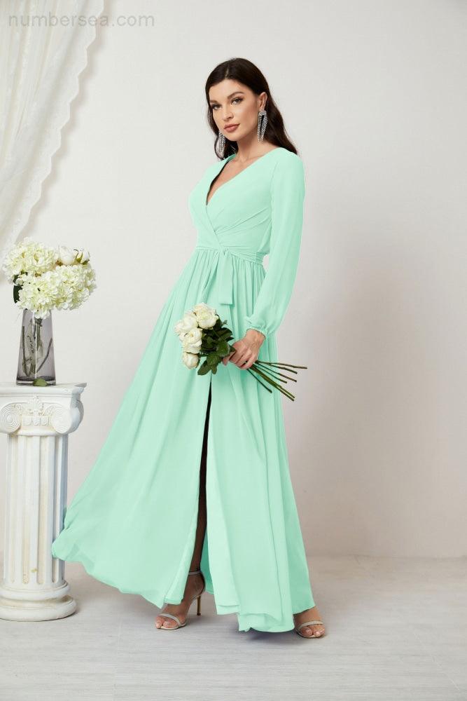 Numbersea Evening Dresses Deep V-Neck Chiffon Bridesmaid Dresses Long Bishop Sleeve Side Split Formal Dress 2806