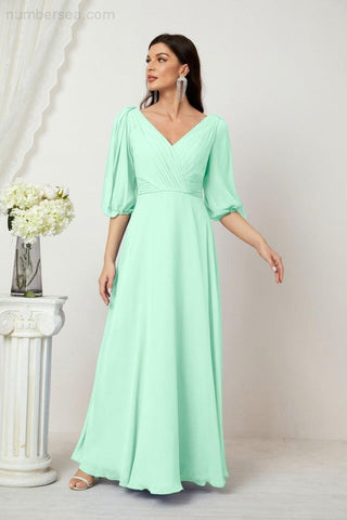 Baoleely  Formal Prom Gown Women V-Neck Chiffon Bridesmaid Dresses Long Bishop Sleeve Party Dress 2807