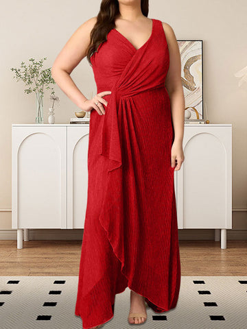 A-Line V-Neck Ruched Metallic Mesh Dress