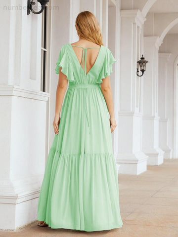 Baoleely Women's Open Back Formal Evening Party Prom Gowns V-Neck Long Chiffon Bridesmaid Dresses with Waist Belt 28038