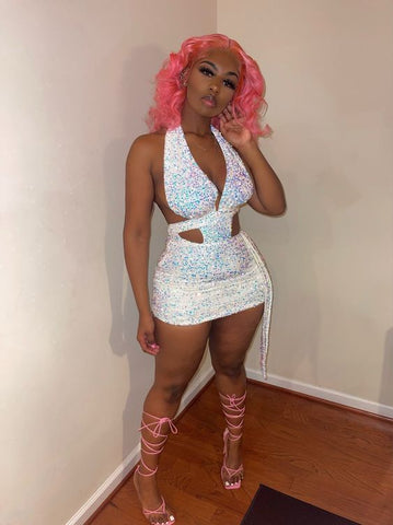 Vestido de fiesta con lentejuelas blancas, corte a la cintura, escote halter sexy, ideal para celebrar el 18 cumpleaños de chicas negras (Y330)