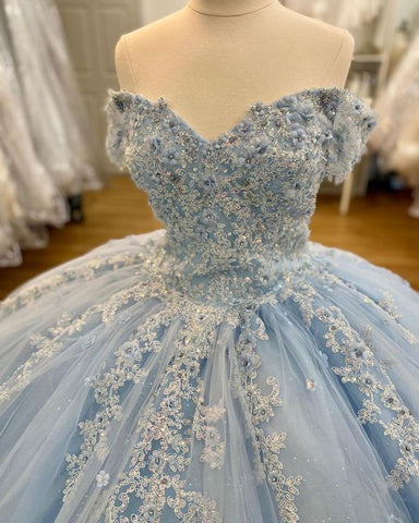 Robe de bal bleue féerique hivernale à épaules dénudées, en tulle et dentelle, Y306