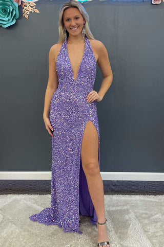 Robe de bal longue verte à sequins, fourreau, décolleté en V profond et fente sur le devant