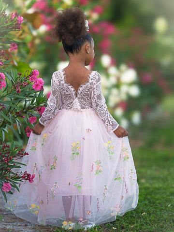 Floral Lace Embroidered Tulle A-Line Floor Length Garden Flower Girl Dress