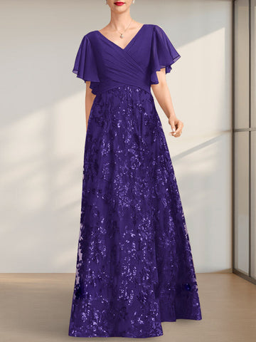 A-line V-Neck Floor-Length Lace Sequin Chiffon Mother of the Bride Dress With Pleated