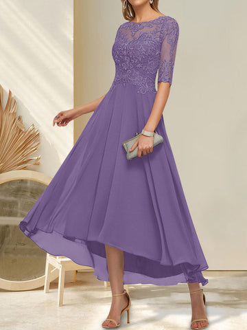 A-line Boat Neck Illusion Asymmetrical Chiffon Lace Mother of the Bride Dress With Sequins Beading