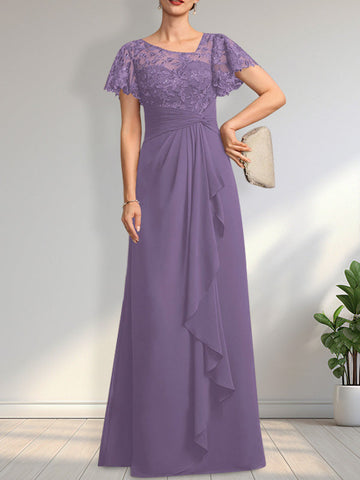 A-line Asymmetrical Illusion Floor-Length Lace Chiffon Mother of the Bride Dress With Cascading Ruffles Sequins