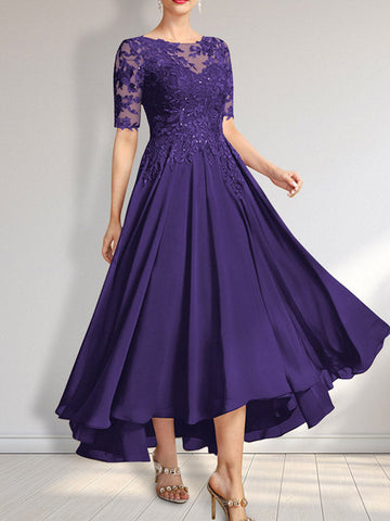 A-line Scoop Illusion Asymmetrical Chiffon Lace Mother of the Bride Dress With Sequins