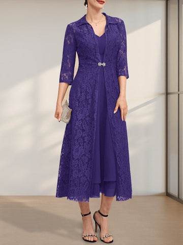 A-line V-Neck Tea-Length Chiffon Mother of the Bride Dress