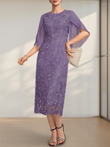 Sheath/Column Scoop Tea-Length Lace Chiffon Mother of the Bride Dress