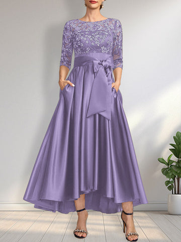 A-line Scoop Illusion Asymmetrical Satin Lace Mother of the Bride Dress With Bow