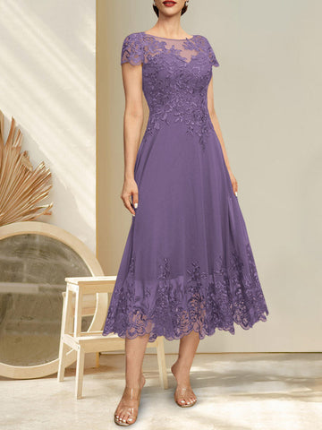 A-line Illusion Scoop Tea-Length Lace Chiffon Mother of the Bride Dress With Sequins