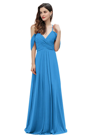 Elegante vestido de dama de honor de gasa corte A con tirantes finos y hombros descubiertos, largo hasta el suelo, ideal para bodas y fiestas.