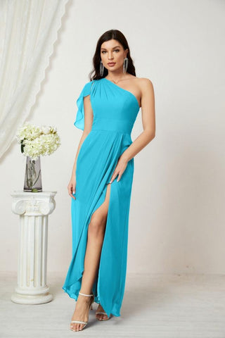 Robe de demoiselle d'honneur longue en mousseline de soie à volants et à une épaule, coupe trapèze, robe de soirée formelle fendue sur le côté, 2809