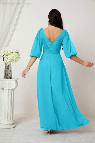 Baoleely  Formal Prom Gown Women V-Neck Chiffon Bridesmaid Dresses Long Bishop Sleeve Party Dress 2807