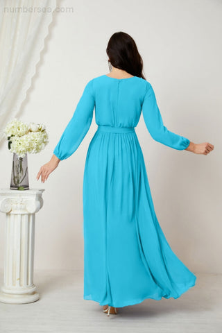 Sunnderly Evening Dresses Deep V-Neck Chiffon Bridesmaid Dresses Long Bishop Sleeve Side Split Formal Dress SY2806
