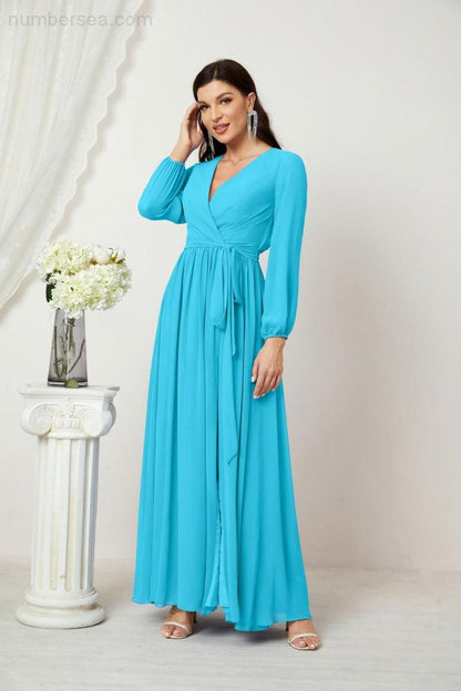 Numbersea Evening Dresses Deep V-Neck Chiffon Bridesmaid Dresses Long Bishop Sleeve Side Split Formal Dress 2806